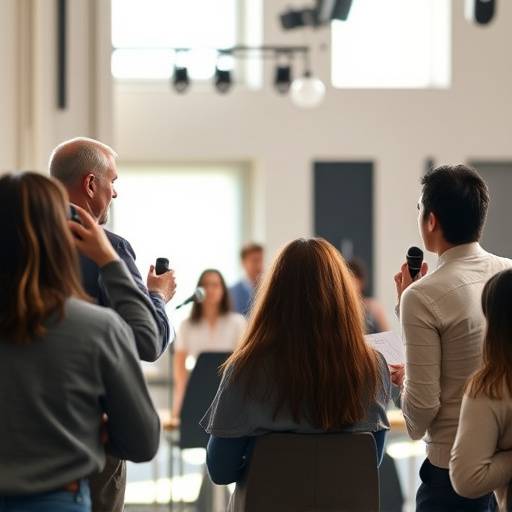 Imagen del curso básico de oratoria con personas practicando en un escenario